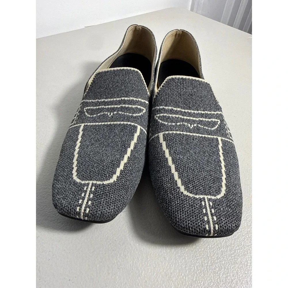 Vivaia Grey Knit Square Toe Penny Loafers Stitched Graphic Flats Womens Size 40